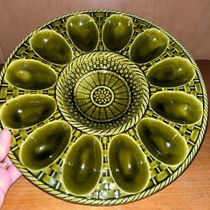 Vintage Green Ceramic Deviled Eggs Plate